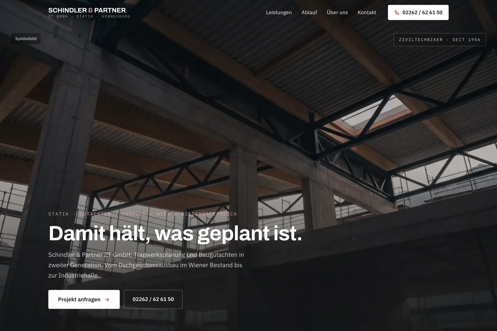 Website-Entwurf für ein Ziviltechniker-Büro: dunkler Hero mit Tragwerk-Foto und klarer Headline